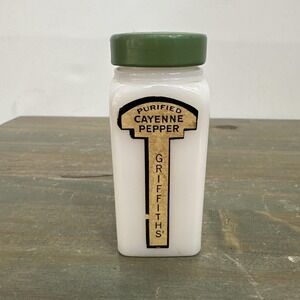 Vintage Griffith's Cayenne Pepper 3/4 oz spice Jar White Milkglass jar Green lid